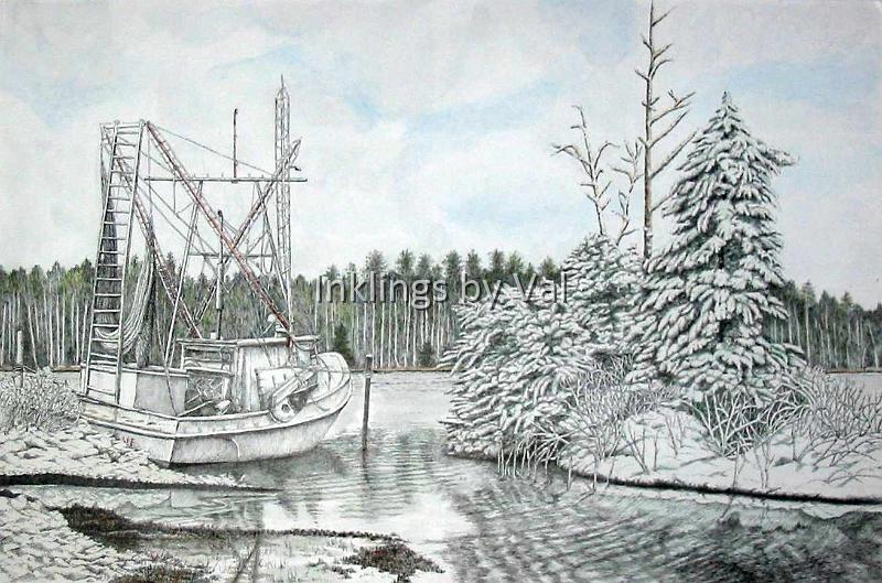 Snow Fishing.jpg - 15 3/4in x 20 3/4in matted and framed:$650USD : \Though eastern NC rarely gets snow, I found this image intriguing. Working the snow encrusted banks was challenging.
